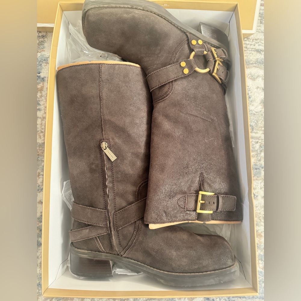 Michael Kors Crosby Suede Moto Boots Chocolate Brown 10M Like New w Box - Picture 2 of 7